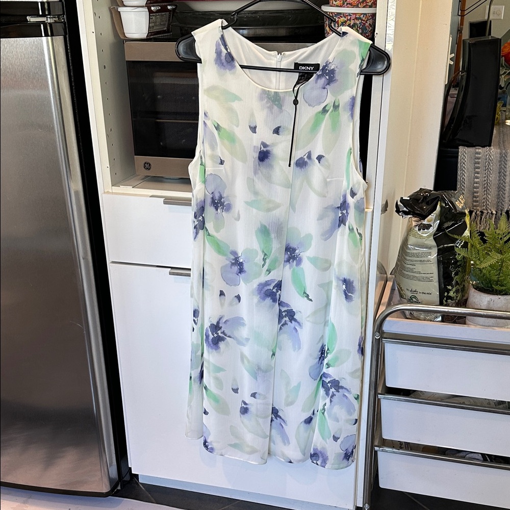 DKNY White Sleeveless Midi Dress with Blue & Mint Floral Print brand new $129
